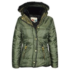 Kids Girls Olive Padded Puffer Jacket Bubble Faux Fur Collar Quilted Warm Coats
