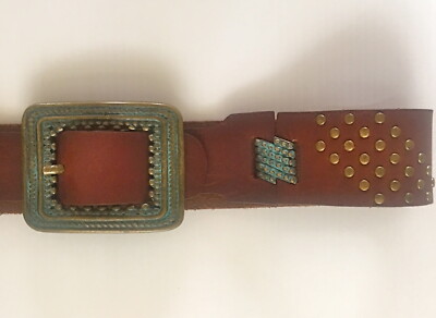 Leatherock Brown Leather Belt Brass Metal Accents Studs 36 Leatherock Brown Leather Belt with Embellished Stone & Brass  main image 2