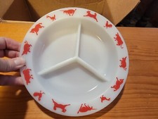 Vintage Hazel Atlas Milk Glass Divided Child's Plates Red Barnyard Animals