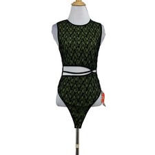 Cider Bodysuit Women Medium Black Green Floral Lace Cutout Sleeveless Snap Close