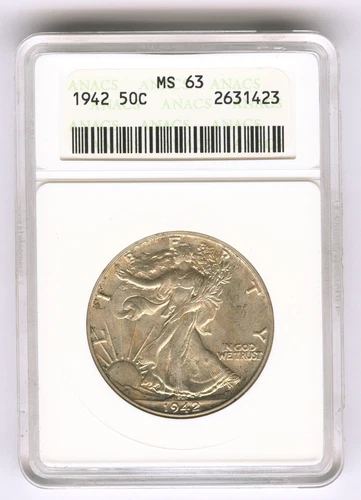 1942 50c Walking Liberty Silver Half Dollar ANACS MS 63 Gorgeous Luster