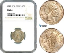 A10-173, Denmark, Danish West Indies, Christian IX, 10 Cents 1878, NGC MS64