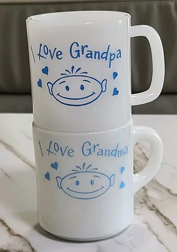 Vintage I Love Grandma Grandpa Milk Glass Coffee Mugs Cups Lot of 2 White Blue💙