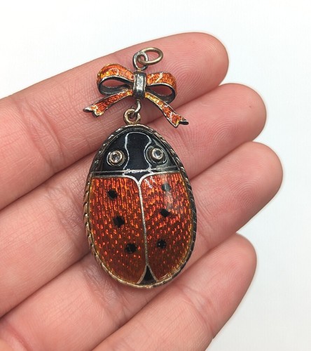 Sterling Silver Enamel Guilloche Large Egg Ladybug Bug Bow Pendant For Necklace - Picture 13 of 14