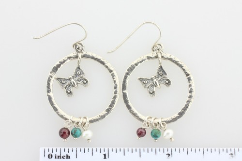 Shablool Didae Israel 925 Dangling Butterfly Bead Stones Hammered Style Earrings - Picture 2 of 8