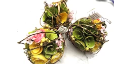 Pier 1 Decorative Balls/Spheres/Orbs x 3 Pink, Green, Yellow Wood Shaved Roses