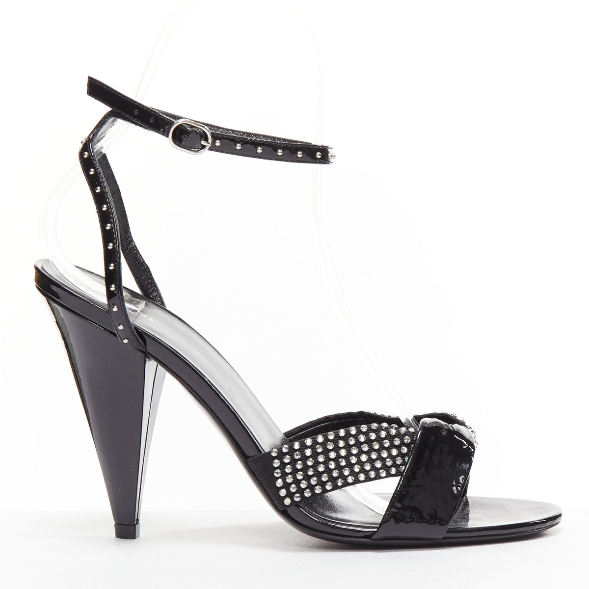 CELINE Hedi Slimane black patent leather silver crystals sandal 