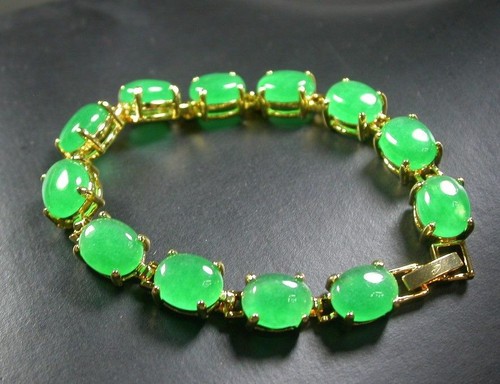 Fashion Genuine Green Jade Cabochon Beads 18KGP Link Clasp Bangle Bracelet - Picture 4 of 7