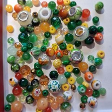 120 x 6-12mm glass porcelain BEADS for spangles Lace Making Bobbins GREEN Orange