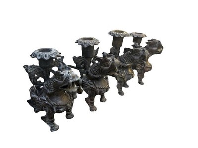 Set of 4 Asian Foo Dog Dragon Candle Holders, Bronze Metal Antique Finish