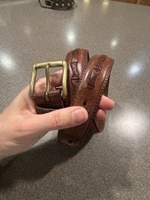 GUC Woven Detail Fossil Brown Leather Belt, Size 32 Gold Tone Buckle