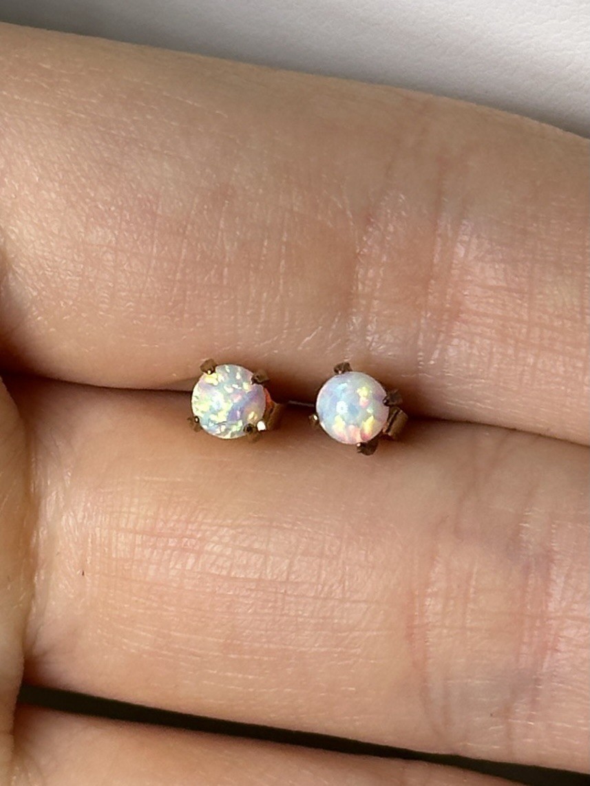 Solid 14K Yellow Gold & Opal Stud Earrings - image 1