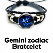 Handmade Gemini Astrology Bracelet  Black Leather Adjustable Knot Bracelet