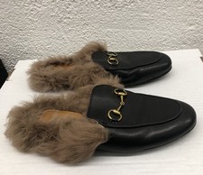 Gucci Black Fur Princetown Leather Fur Horsebit Mules Size EU 37 US 7 D26
