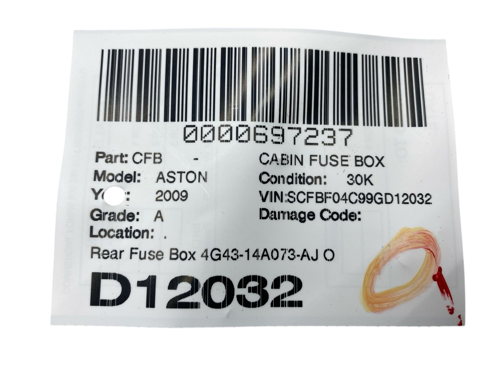 2009 Aston Martin Vantage Rear Fuse Box 4G43-14A073-AJ Oem