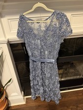 Oleg Cassini NWT Illusion Sleeve Soutache Tea Length Dress, Steel Blue , 16W
