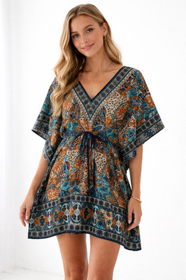 Sacred Threads Caftan Tunic Top One Size OS V-Neck Colorful Floral Print Beachy