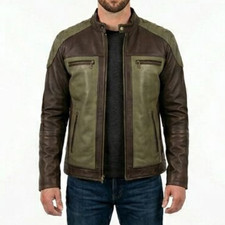 Men’s Brown & Olive Green Leather Biker Jacket– Slim Fit Zip-Up Motorcycle Style