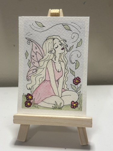 ACEO Pink Fairy Original Art Card Fantasy Fae Garden Watercolor