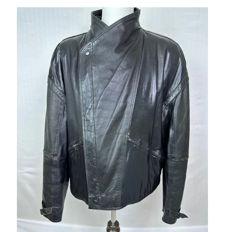 Винтажный Berman's мужской черный натуральной кожи Bomber мотоциклиста пальто куртка размер 48 - Изображение 4 из 4