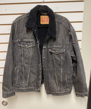 Vintage Levi's Denim Trucker Jacket Type III Black Sherpa Lined USA Mens L