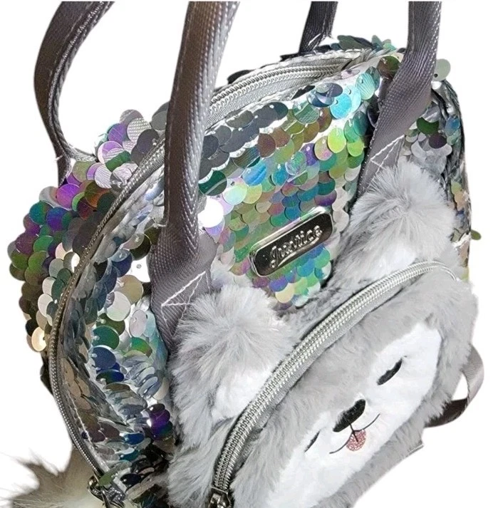 MINI MOCHILA ORIGINAL DE PIEL SINTÉTICA HUSKY LENTEJUELAS PLATEADAS Justice Girls ¡Súper Linda!  Foto 4 de 4