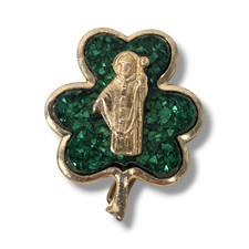 Vintage St Patrick Shamrock Pin Gold Tone Green Religious Brooch Paddys Brooch
