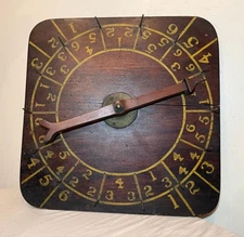 Rare antique hand made painted wood brass carnival gambling number wheel game
