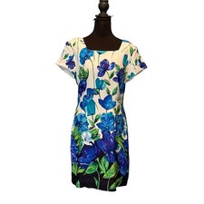 VTG Jessica Howard Blue Floral Sheath Dress Square Neck Rayon Size 8 USA 90s