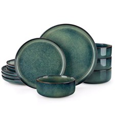 Crockery Set Green Stoneware Dinner Service 4/8/12 People Ceramic