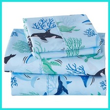 4 Pieces Boys Blue Ocean Full Sheet Set - Soft Microfiber Fitted Flat Sheets ...