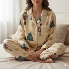 Cute Nutcracker Christmas Tree Satin Pajamas Set, Christmas Pajamas, Christmas