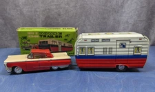 Vintage 1950s Toy House Trailer Camper & Red Ford Car Set - SSS Japan Litho Tin