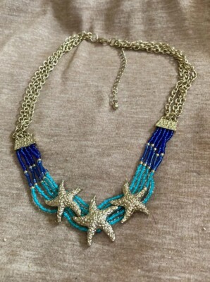 Gold Tone Multiple Chain Necklace Blue Aqua Beaded W/ Starfish Charms C119-1