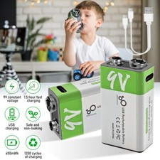 2 Pack 9 Volt Lithium Ion Rechargeable Batteries 650mAh w/ USB-C Type Cable Bump
