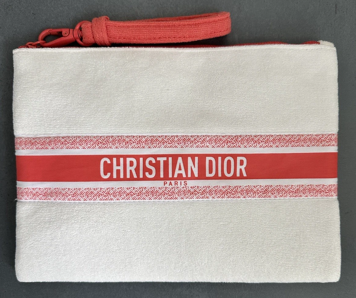 Pochette été Christian Dior tissu éponge blanc corail fermeture éclair NEUF