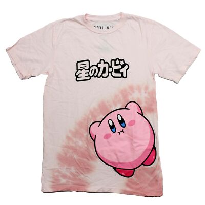 Kirby New Adult T-Shirt - Large Kirby Left Corner Tie Dye Black Kanji at Center