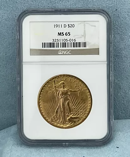 1911 D $20 Gold Saint Gaudens Double Eagle NGC MS65 gem graded Denver coin
