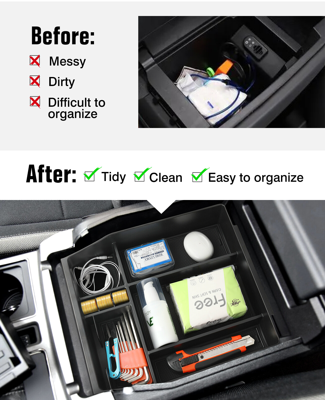 For Ford F-150 2015-2023 Center Console Organizer Tray Accessories Armrest Box