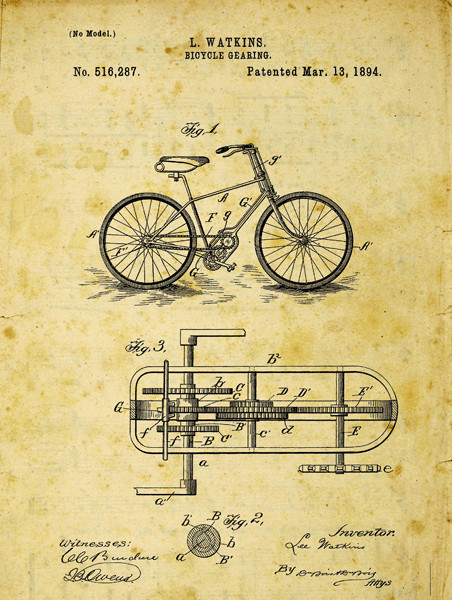 Bicycle Patent Drawing Metal Sign, Vintage, Sport, Den D&eacute;cor, Office