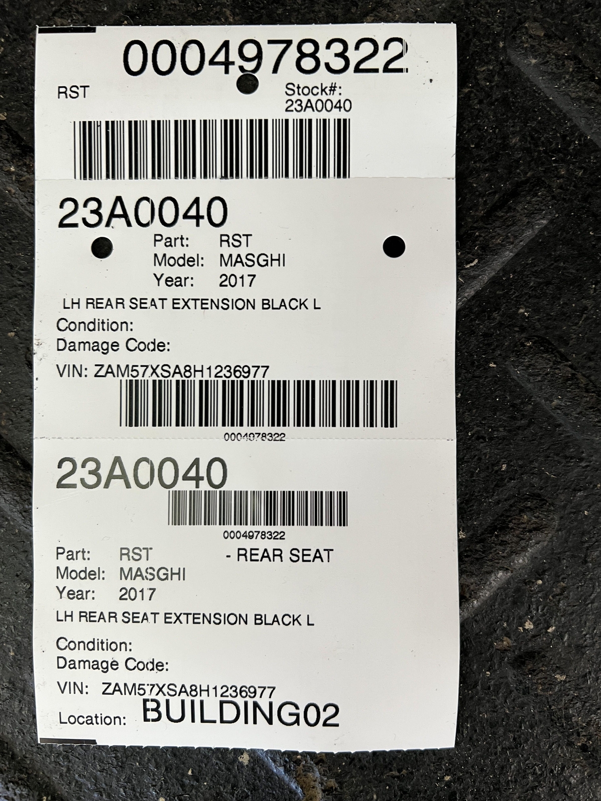 2017 MASERATI GHIBLI REAR LEFT DRIVER SIDE SEAT EXTENSION BLACK LEATHER