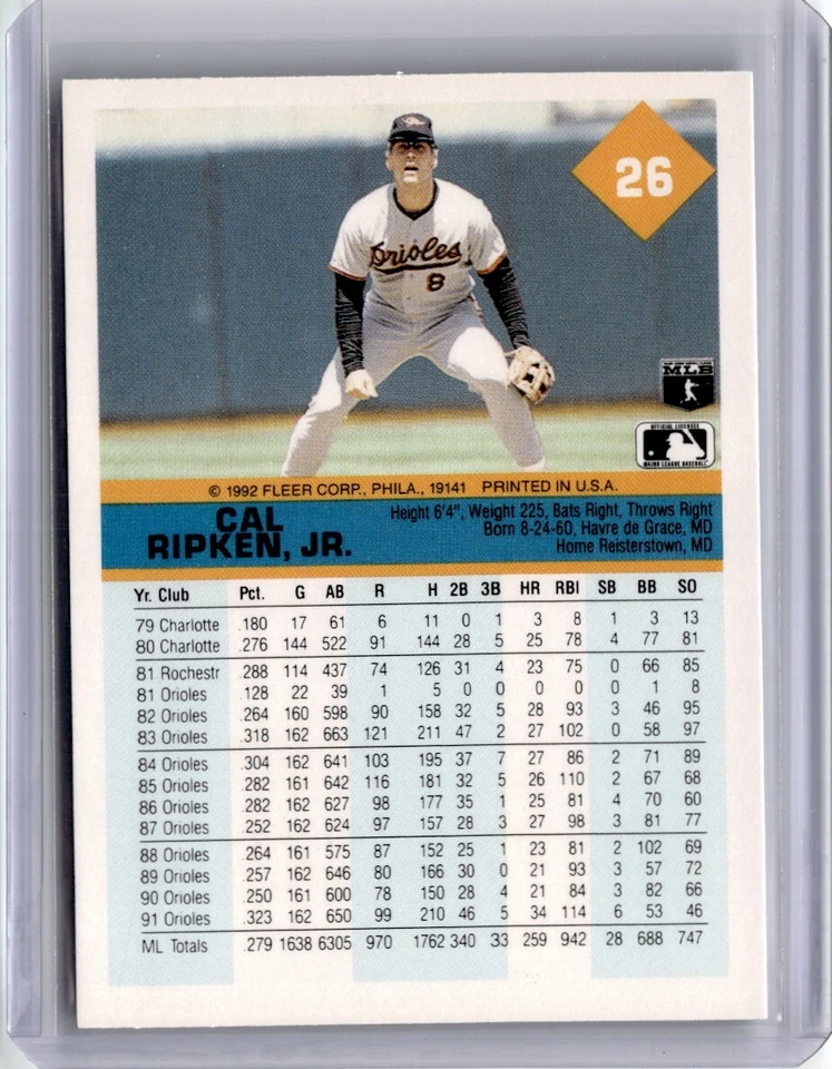 1992 Fleer Cal Ripken, Jr. Baseball Card Baltimore Orioles #26 - Image 2 of 2