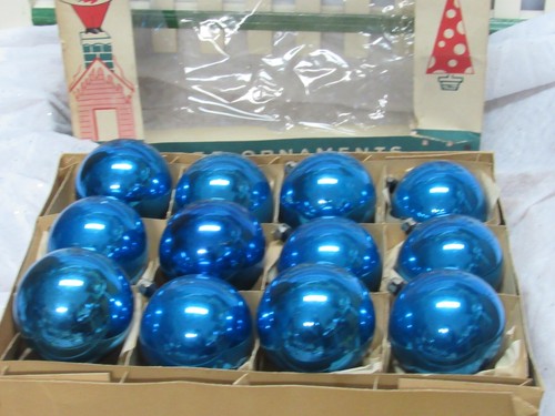 12 VECCHI Ornamenti Albero di Natale Polonia Vetro BLU con Vecchia Scatola Vintage - Foto 3 di 4