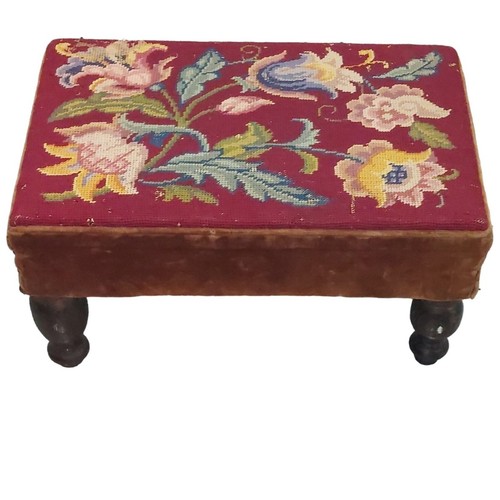 Vintage Floral Needlepoint Footstool with Velvet Sides & Solid Wood Legs - Picture 5 of 7