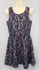 Womens Blue/Cream Lace Sleeveless Short Cocktail Full Zip Up Dress S