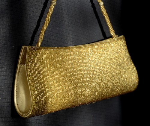 Vintage GOLD BEADED & DIAMANTE / JEWELLED CLUTCH/ OVER ARM EVENING BAG Small - Picture 7 of 11