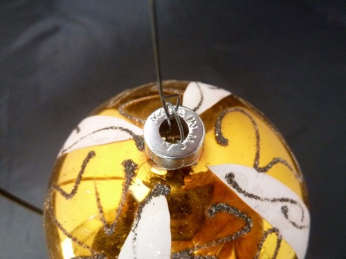 Vintage Glass Gold w White Stripe Glitter Christmas Holiday Ball Ornament. USA - Picture 5 of 6