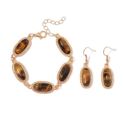 Set of 2 Tigers Eye Oval Rosetone Earrings Eye Bracelet Set Jewelry Gifts Ct 82
