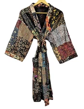Black Patchwork Kantha Jacket, Soft Silk Kantha Jacket, Cotton Bath Robe Kimono