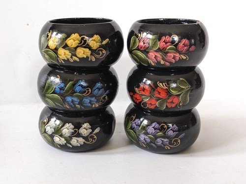 Vintage Napkin Rings Set of 6 Rosemaling Painted Wood Floral Norwegian Folk Art